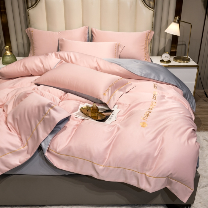 91家纺网 家纺一手货源 找家纺 骏腾2023新款水洗冰丝刺绣四件套真丝三件套-梦精灵 粉色