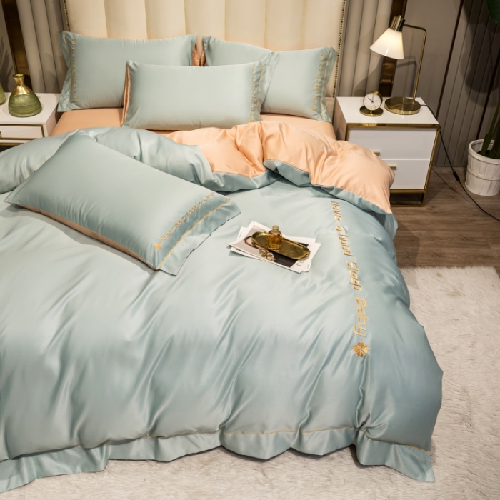 91家纺网 家纺一手货源 找家纺 骏腾2023新款水洗冰丝刺绣四件套真丝三件套-梦精灵 格林蓝