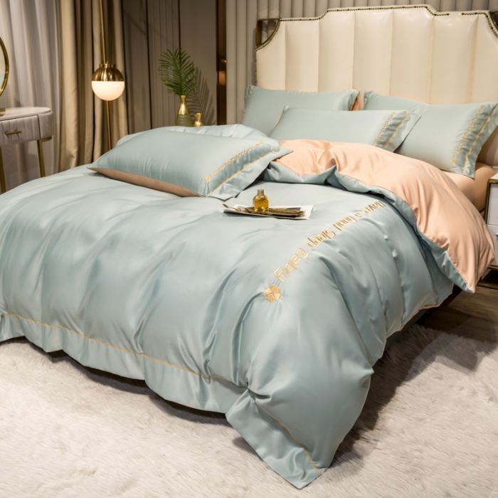 91家纺网 家纺一手货源 找家纺 骏腾2023新款水洗冰丝刺绣四件套真丝三件套-梦精灵 格林蓝