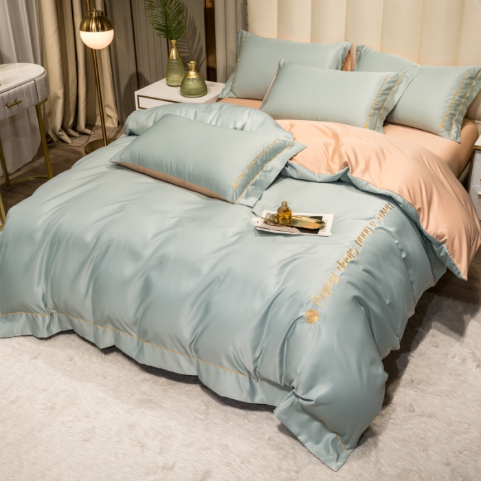 91家纺网 家纺一手货源 找家纺 骏腾2023新款水洗冰丝刺绣四件套真丝三件套-梦精灵 格林蓝