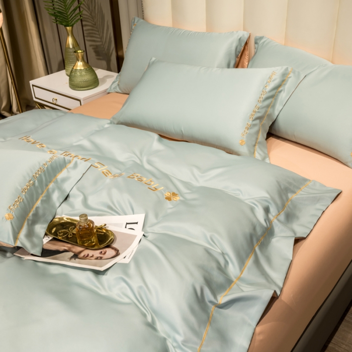 91家纺网 家纺一手货源 找家纺 骏腾2023新款水洗冰丝刺绣四件套真丝三件套-梦精灵 格林蓝