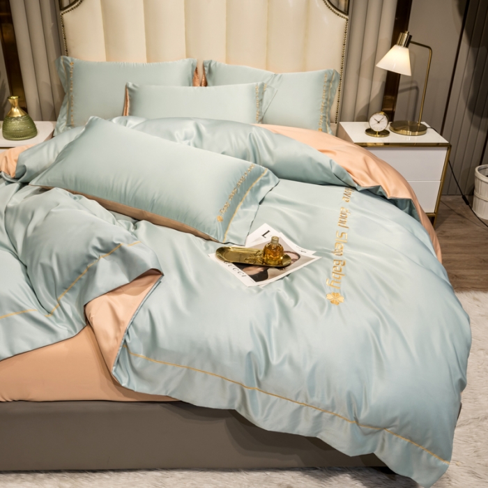 91家纺网 家纺一手货源 找家纺 骏腾2023新款水洗冰丝刺绣四件套真丝三件套-梦精灵 格林蓝