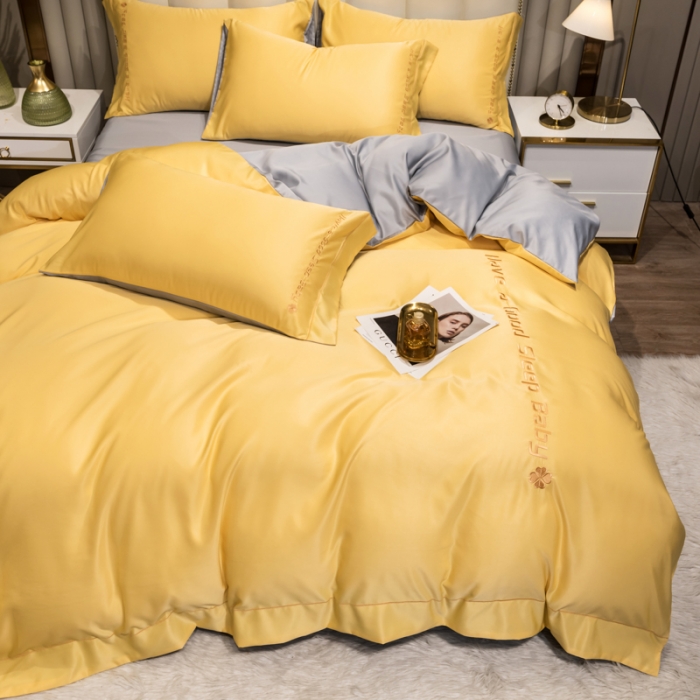 91家纺网 家纺一手货源 找家纺 骏腾2023新款水洗冰丝刺绣四件套真丝三件套-梦精灵 柠檬黄