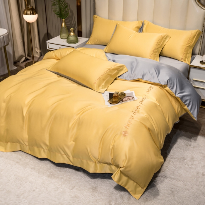 91家纺网 家纺一手货源 找家纺 骏腾2023新款水洗冰丝刺绣四件套真丝三件套-梦精灵 柠檬黄