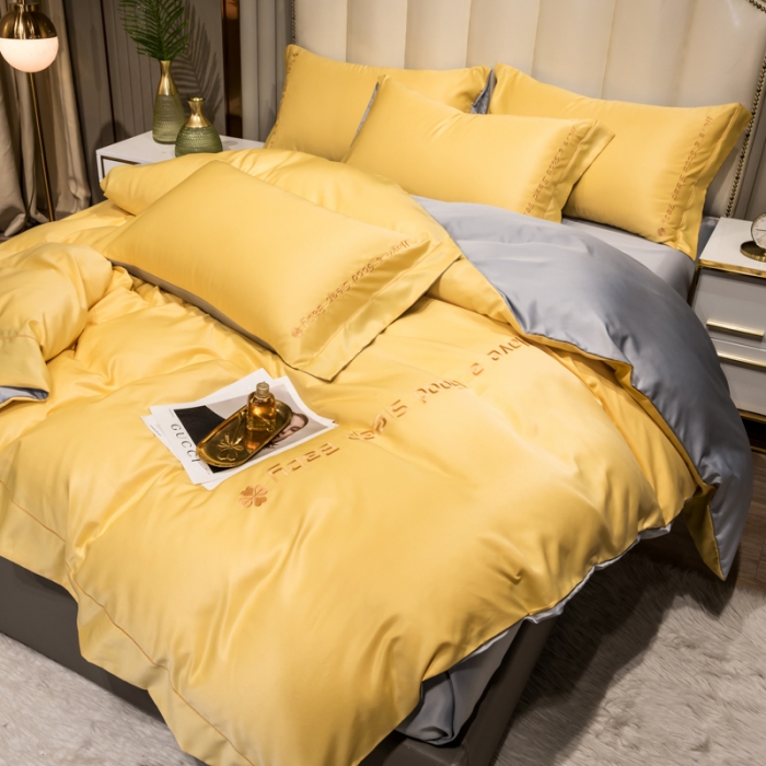 91家纺网 家纺一手货源 找家纺 骏腾2023新款水洗冰丝刺绣四件套真丝三件套-梦精灵 柠檬黄