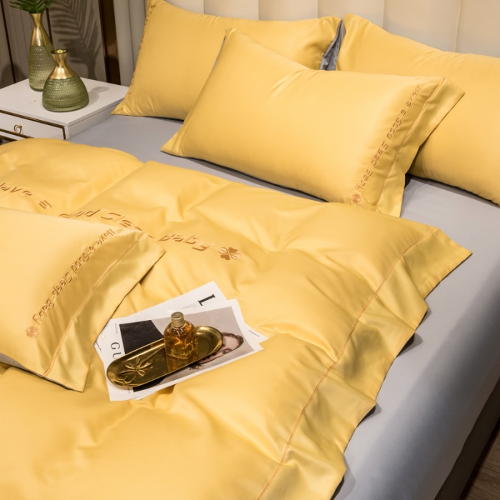 91家纺网 家纺一手货源 找家纺 骏腾2023新款水洗冰丝刺绣四件套真丝三件套-梦精灵 柠檬黄