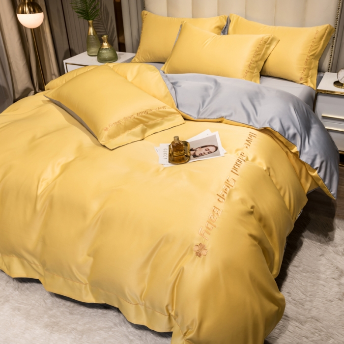 91家纺网 家纺一手货源 找家纺 骏腾2023新款水洗冰丝刺绣四件套真丝三件套-梦精灵 柠檬黄