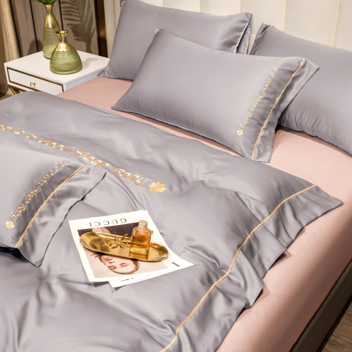 91家纺网 家纺一手货源 找家纺 骏腾2023新款水洗冰丝刺绣四件套真丝三件套-梦精灵 水墨灰