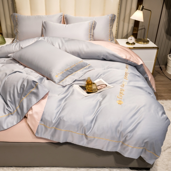 91家纺网 家纺一手货源 找家纺 骏腾2023新款水洗冰丝刺绣四件套真丝三件套-梦精灵 水墨灰