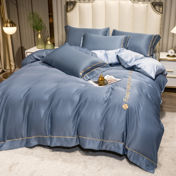 91家纺网 家纺一手货源 找家纺 骏腾2023新款水洗冰丝刺绣四件套真丝三件套-梦精灵 雾霾蓝