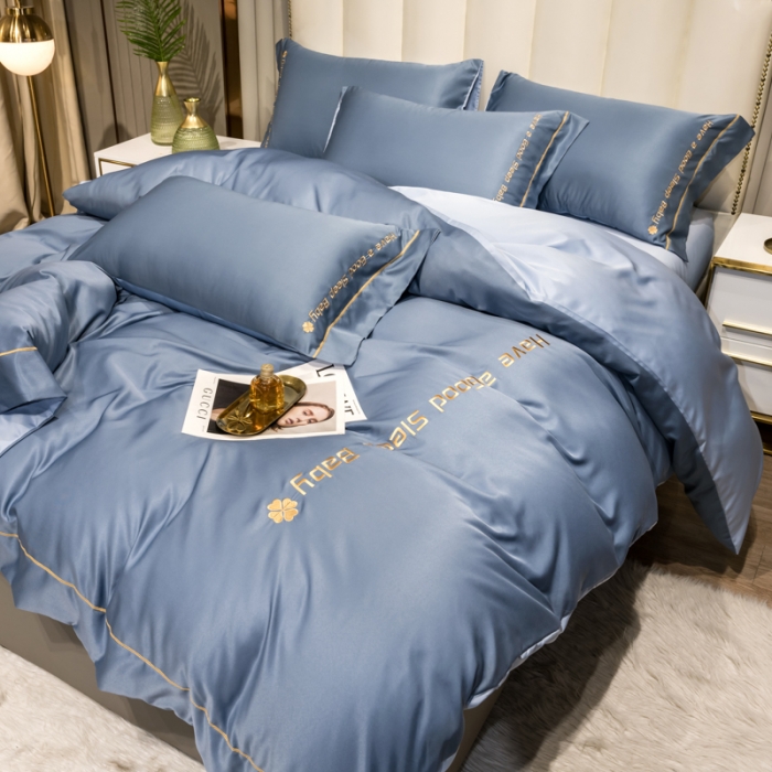 91家纺网 家纺一手货源 找家纺 骏腾2023新款水洗冰丝刺绣四件套真丝三件套-梦精灵 雾霾蓝