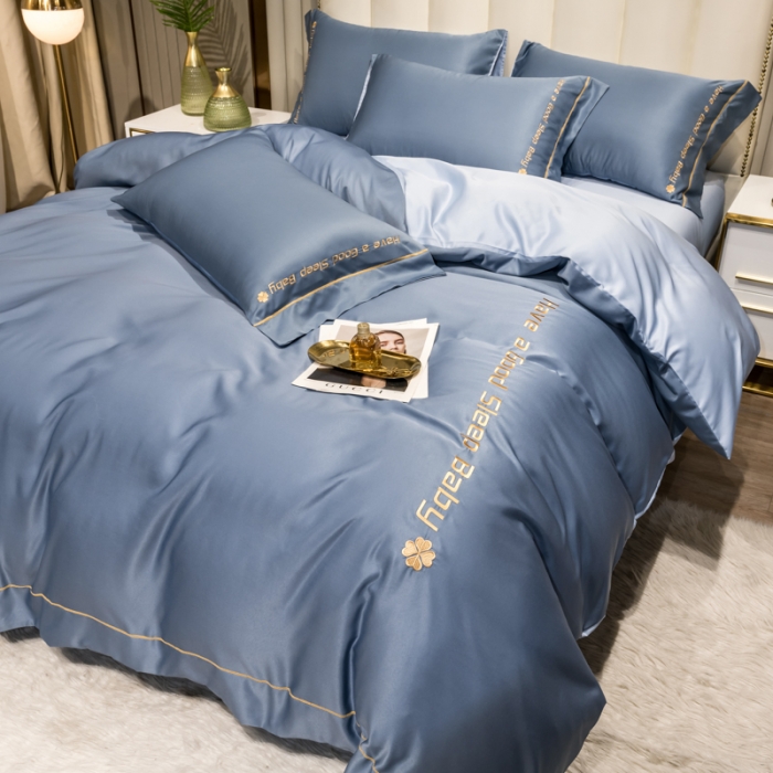 91家纺网 家纺一手货源 找家纺 骏腾2023新款水洗冰丝刺绣四件套真丝三件套-梦精灵 雾霾蓝