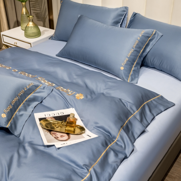 91家纺网 家纺一手货源 找家纺 骏腾2023新款水洗冰丝刺绣四件套真丝三件套-梦精灵 雾霾蓝