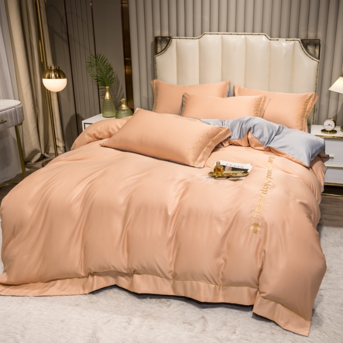 91家纺网 家纺一手货源 找家纺 骏腾2023新款水洗冰丝刺绣四件套真丝三件套-梦精灵 西柚橙