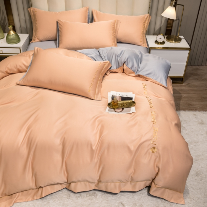 91家纺网 家纺一手货源 找家纺 骏腾2023新款水洗冰丝刺绣四件套真丝三件套-梦精灵 西柚橙