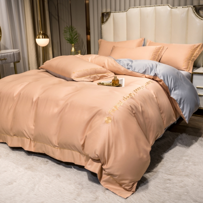 91家纺网 家纺一手货源 找家纺 骏腾2023新款水洗冰丝刺绣四件套真丝三件套-梦精灵 西柚橙