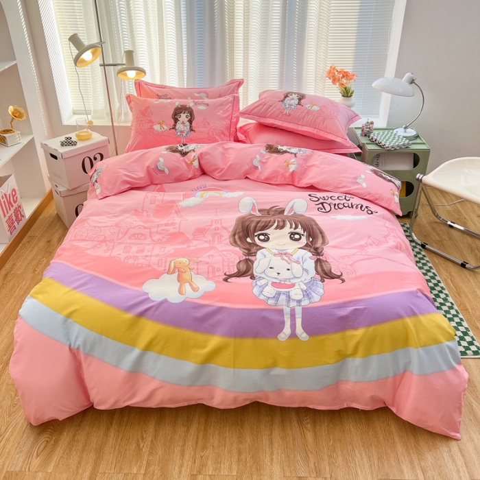 91家纺网 家纺一手货源 找家纺 金爱家 2023新款大版纯棉卡通四件套 彩虹女孩-粉