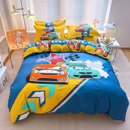 91家纺网 家纺一手货源 找家纺 金爱家 2023新款大版纯棉卡通四件套 赛车之旅-兰