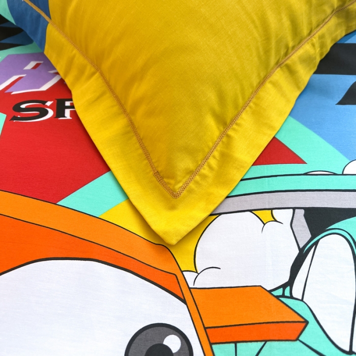 91家纺网 家纺一手货源 找家纺 金爱家 2023新款大版纯棉卡通四件套 赛车之旅-兰