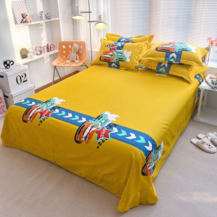 91家纺网 家纺一手货源 找家纺 金爱家 2023新款大版纯棉卡通四件套 赛车之旅-兰