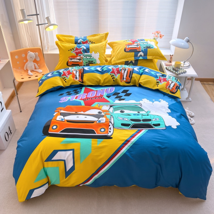 91家纺网 家纺一手货源 找家纺 金爱家 2023新款大版纯棉卡通四件套 赛车之旅-兰