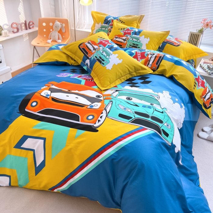 91家纺网 家纺一手货源 找家纺 金爱家 2023新款大版纯棉卡通四件套 赛车之旅-兰