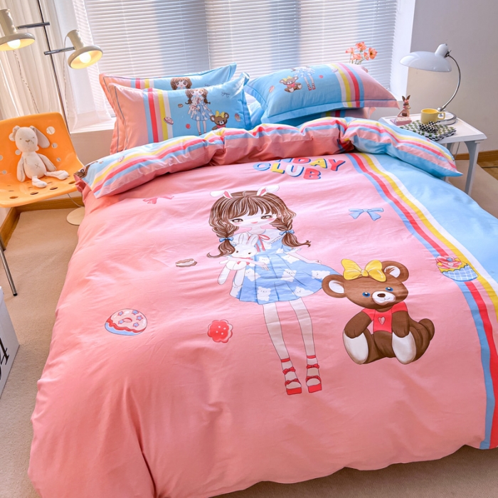 91家纺网 家纺一手货源 找家纺 金爱家 2023新款大版纯棉卡通四件套 少女梦