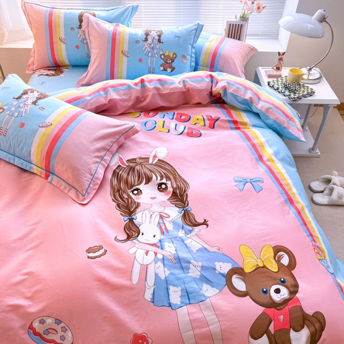 91家纺网 家纺一手货源 找家纺 金爱家 2023新款大版纯棉卡通四件套 少女梦