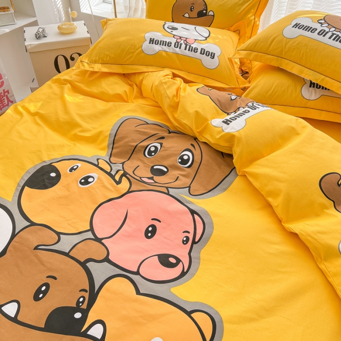 91家纺网 家纺一手货源 找家纺 金爱家 2023新款大版纯棉卡通四件套 汪星人-黄