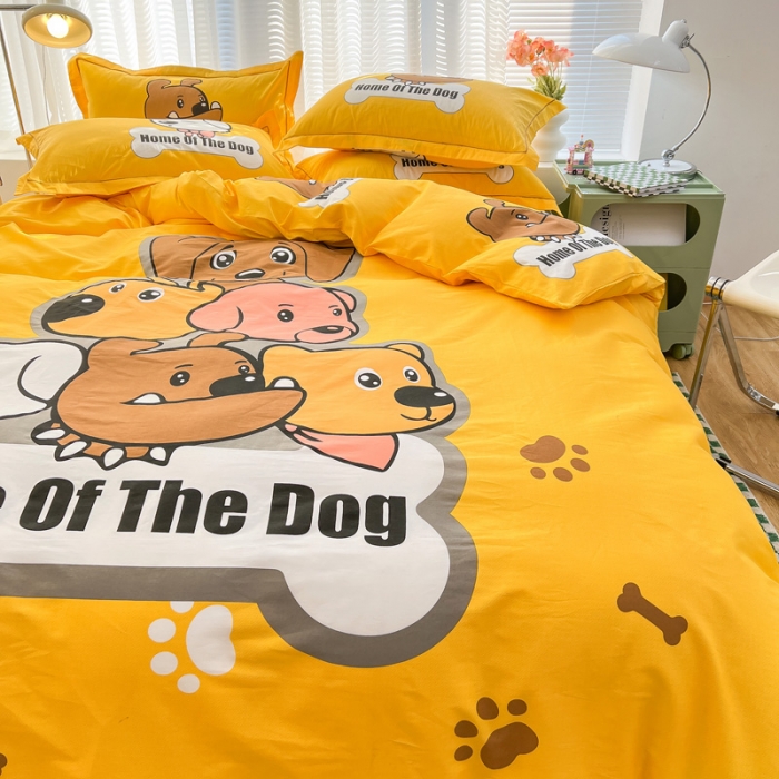 91家纺网 家纺一手货源 找家纺 金爱家 2023新款大版纯棉卡通四件套 汪星人-黄