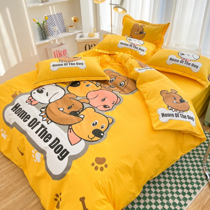 91家纺网 家纺一手货源 找家纺 金爱家 2023新款大版纯棉卡通四件套 汪星人-黄