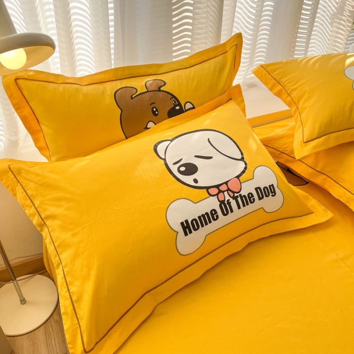 91家纺网 家纺一手货源 找家纺 金爱家 2023新款大版纯棉卡通四件套 汪星人-黄