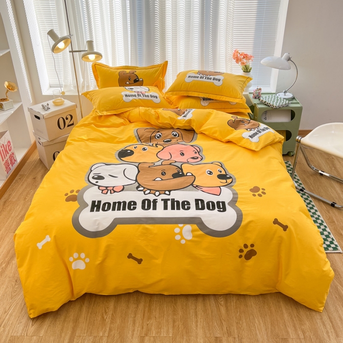 91家纺网 家纺一手货源 找家纺 金爱家 2023新款大版纯棉卡通四件套 汪星人-黄