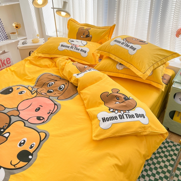 91家纺网 家纺一手货源 找家纺 金爱家 2023新款大版纯棉卡通四件套 汪星人-黄