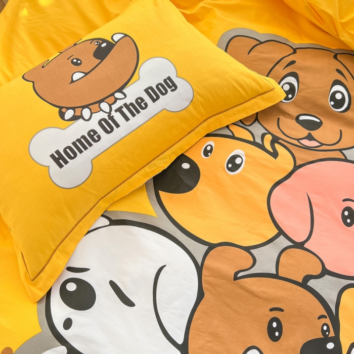 91家纺网 家纺一手货源 找家纺 金爱家 2023新款大版纯棉卡通四件套 汪星人-黄