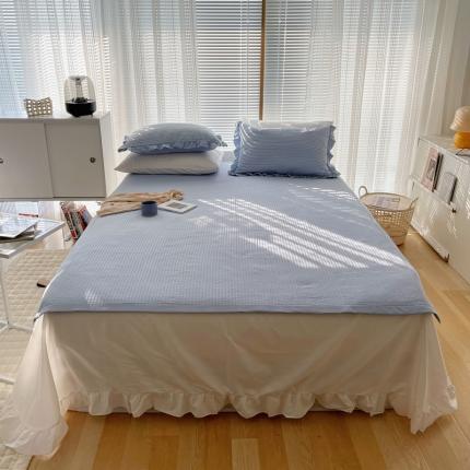 91家纺网 家纺一手货源 找家纺 六巷胡同 2022新款雪纺纱绗缝床盖三件套 雾蓝