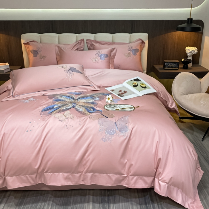 91家纺网 家纺一手货源 找家纺 总魅都新款100支阿克苏长绒棉刺绣轻奢风四件套 彩蝶