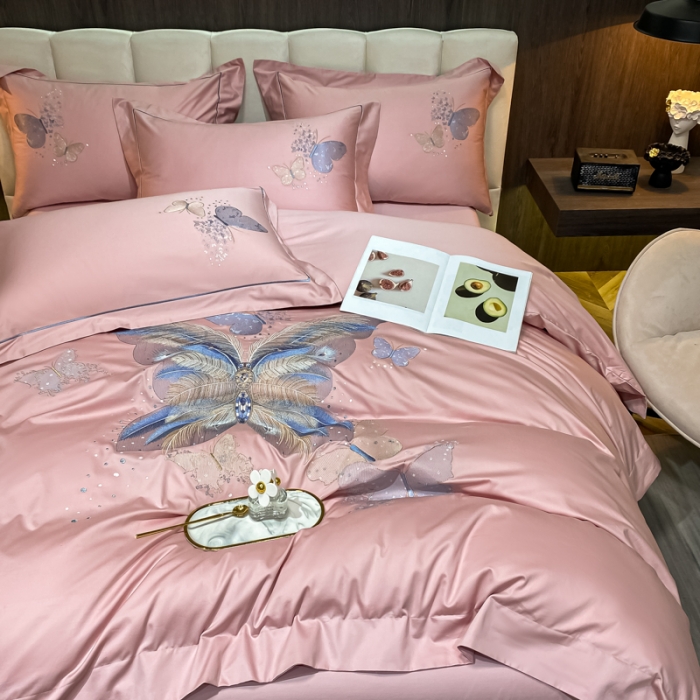 91家纺网 家纺一手货源 找家纺 总魅都新款100支阿克苏长绒棉刺绣轻奢风四件套 彩蝶