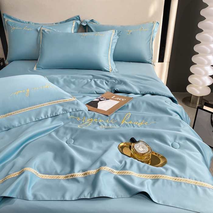 91家纺网 家纺一手货源 找家纺 吾诺家居 2022新款金边刺绣夏被四件套 金边石兰