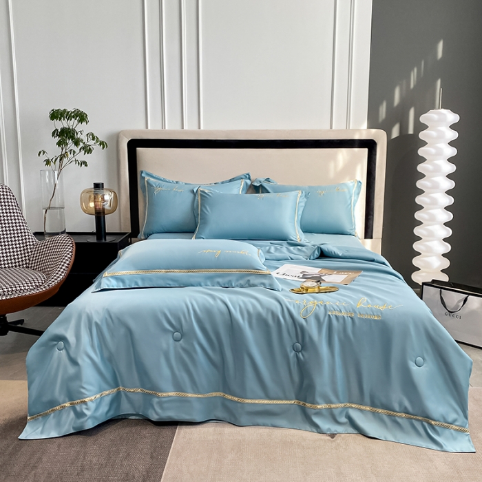 91家纺网 家纺一手货源 找家纺 吾诺家居 2022新款金边刺绣夏被四件套 金边石兰