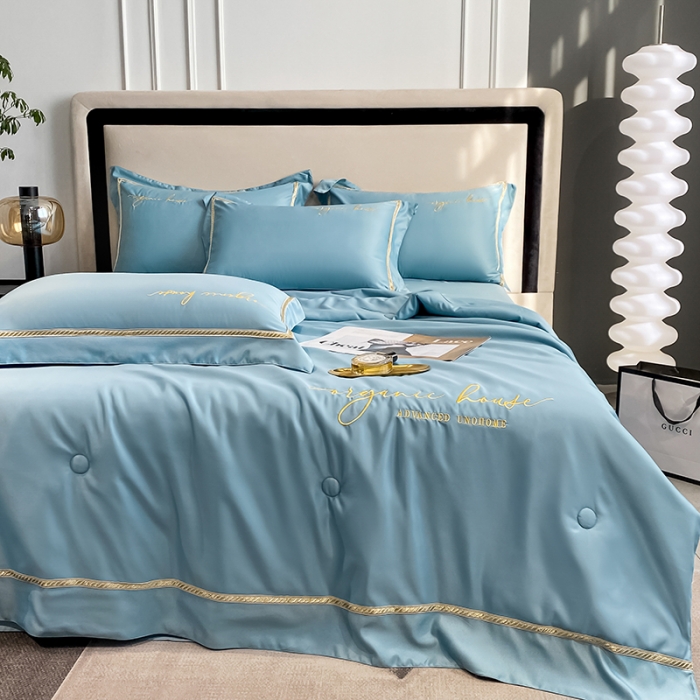 91家纺网 家纺一手货源 找家纺 吾诺家居 2022新款金边刺绣夏被四件套 金边石兰