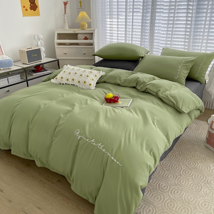 91家纺网 家纺一手货源 找家纺 曼谷家纺纯色简约刺绣四件套柔软磨毛床上用字母豆绿灰