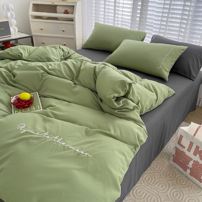 91家纺网 家纺一手货源 找家纺 曼谷家纺纯色简约刺绣四件套柔软磨毛床上用字母豆绿灰