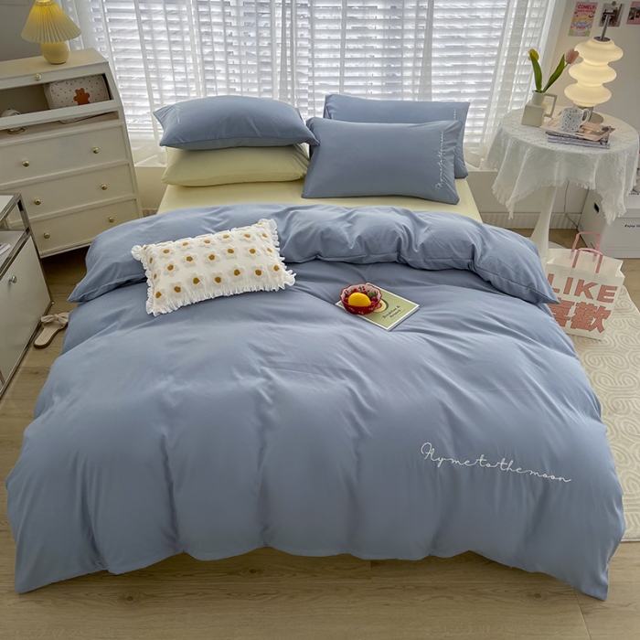 91家纺网 家纺一手货源 找家纺 曼谷家纺纯色简约刺绣四件套柔软磨毛床上用字母海盐芝士