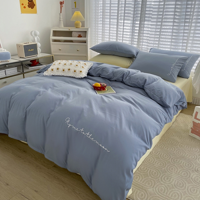 91家纺网 家纺一手货源 找家纺 曼谷家纺纯色简约刺绣四件套柔软磨毛床上用字母海盐芝士