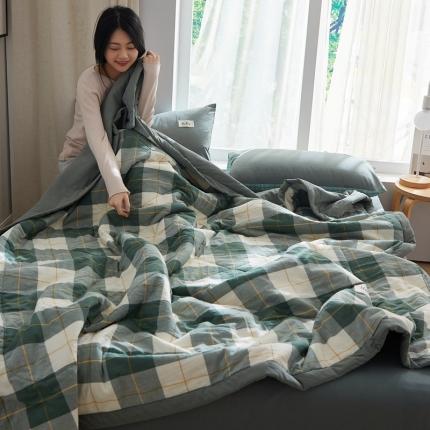 91家纺网 家纺一手货源 找家纺 格子铺 2023新款全棉水洗棉大豆被夏被-绿黄格