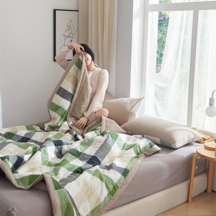 格子铺 2023新款全棉水洗棉大豆被夏被-绿中格