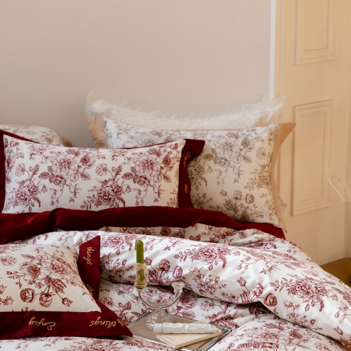 91家纺网 家纺一手货源 找家纺 优然居 新款100支数码印花刺绣工艺款四件套-克里斯汀 红