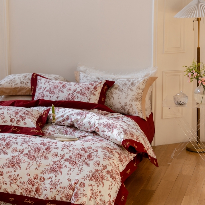 91家纺网 家纺一手货源 找家纺 优然居 新款100支数码印花刺绣工艺款四件套-克里斯汀 红