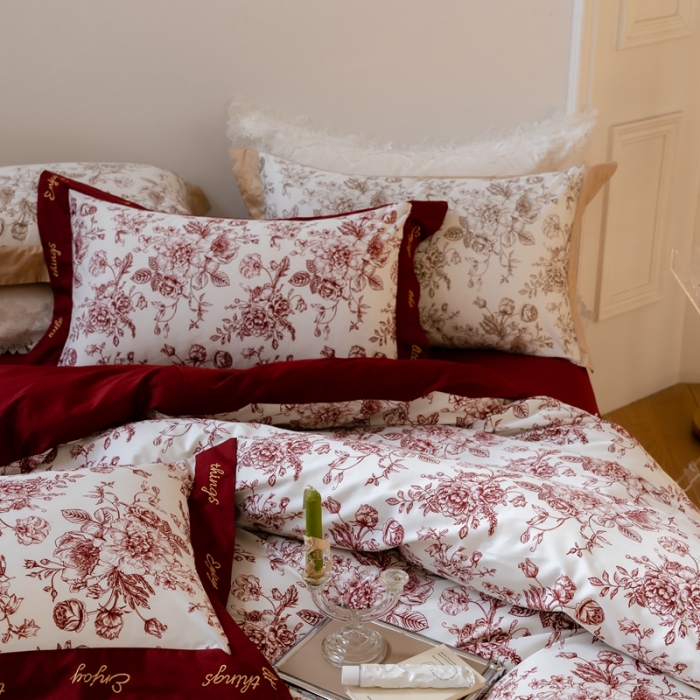 91家纺网 家纺一手货源 找家纺 优然居 新款100支数码印花刺绣工艺款四件套-克里斯汀 红